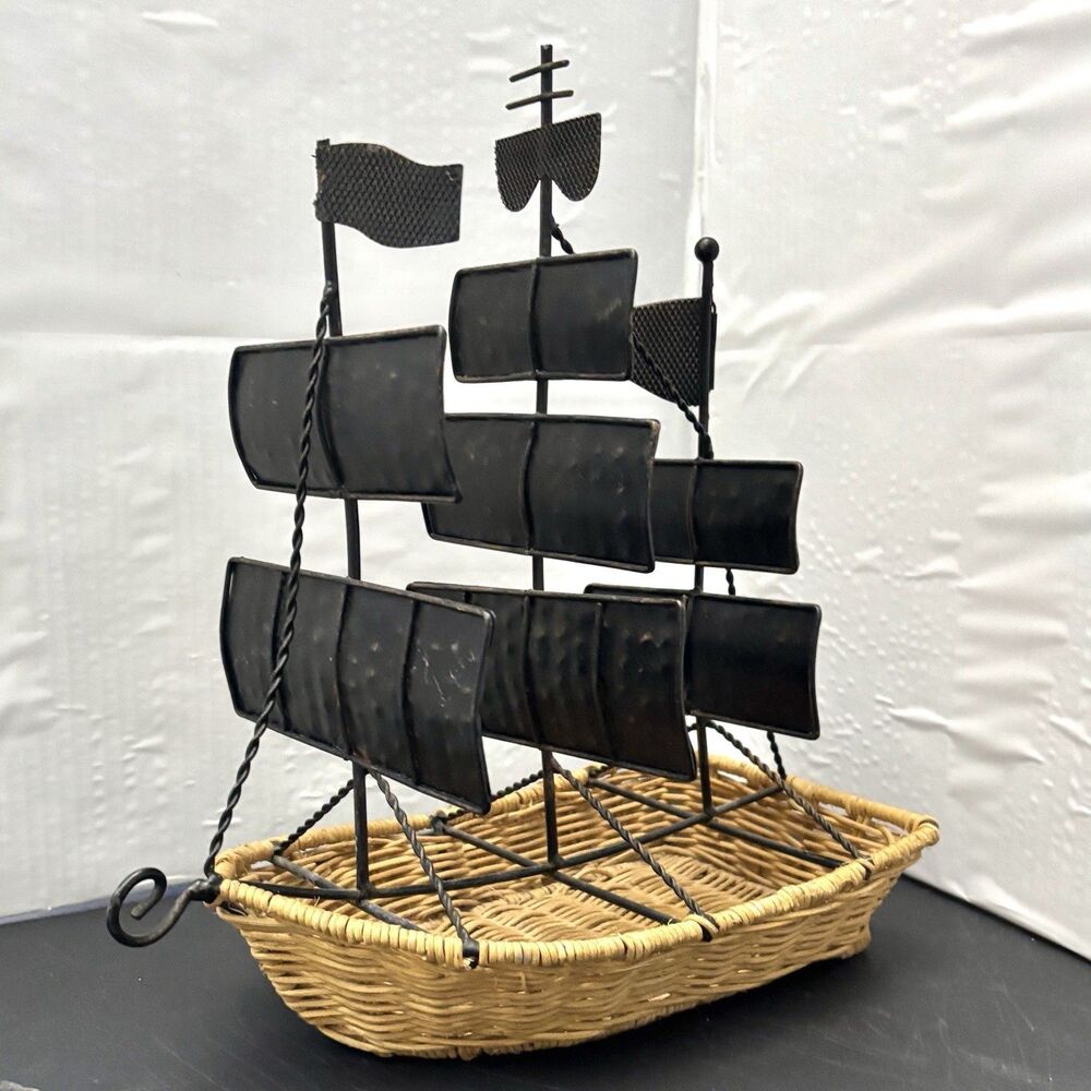 Vintage Wicker Metal Sailing Ship Basket Nautical Decor Black Sails Coastal